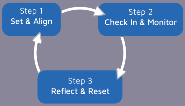 The OKR cycle: Set OKRs → Check-in and monitor progress → Reflect and reset.